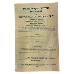1939 Ithaca Gun Co Dealers Price List Lefever Western Arms Brochure Catalog